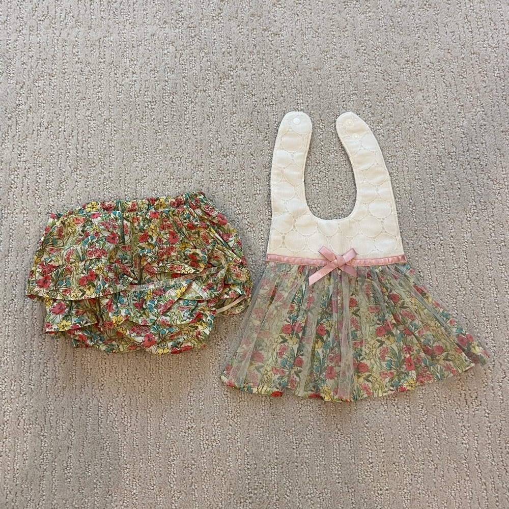 Floral Baby Bib and Bloomers Set with Pink Accents